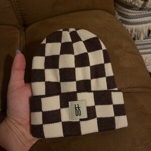 Checkerboard Knit Beanie Hat - Brown & Cream - Kids Accessories